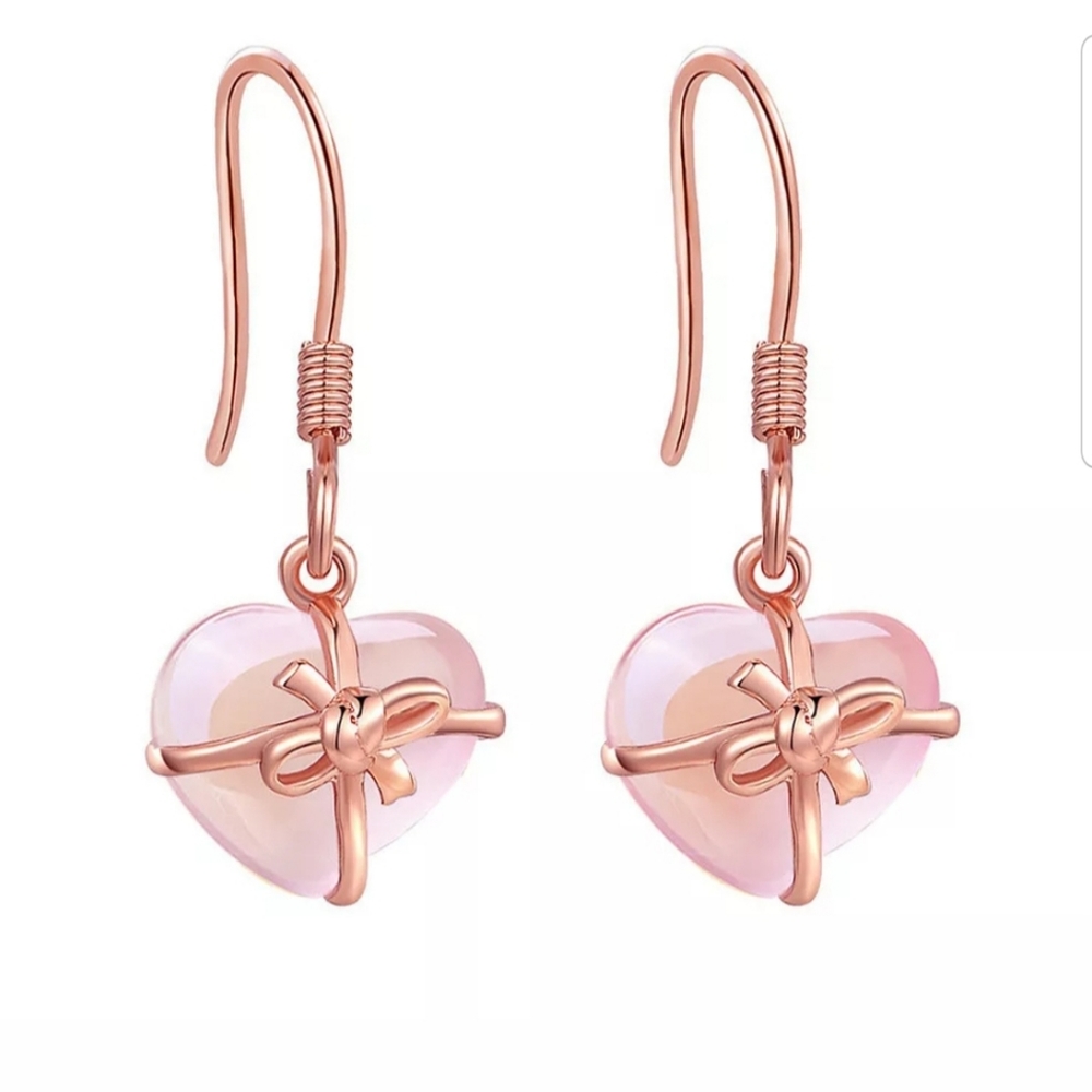 Beautiful Natural Rose Quartz Heart & Bow Earrings - Picture 3 of 4